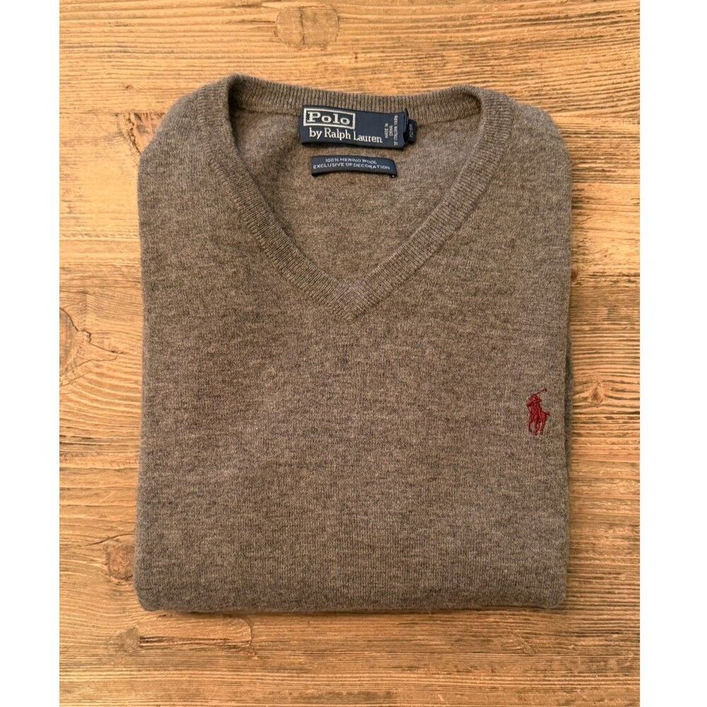 Polo Ralph Lauren V-Neck Sweater Mens L Gray 100% Merino Wool Italian Yarn
